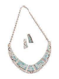Sterling Silver and Channel Inlay Turquoise Necklace and Post Earring Set
