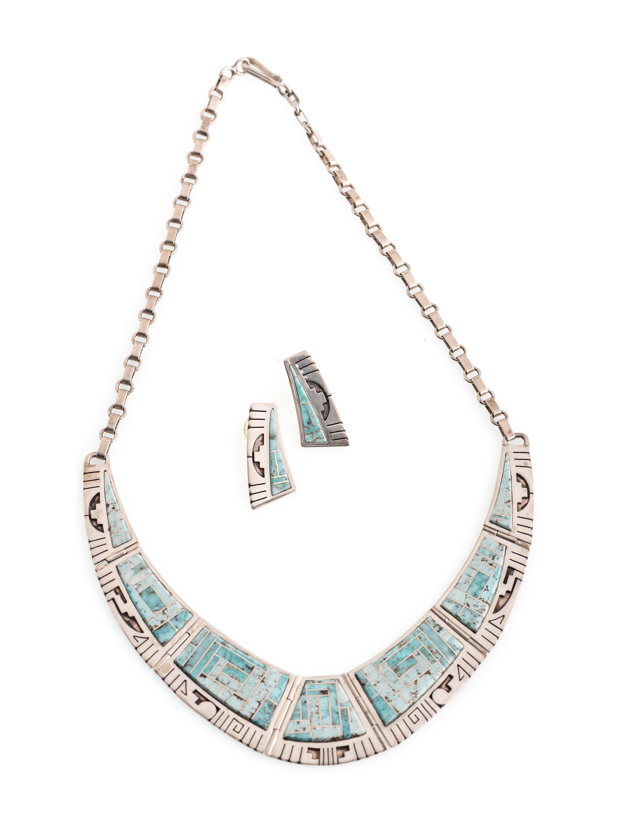 Sterling Silver and Channel Inlay Turquoise Necklace and Post Earring Set