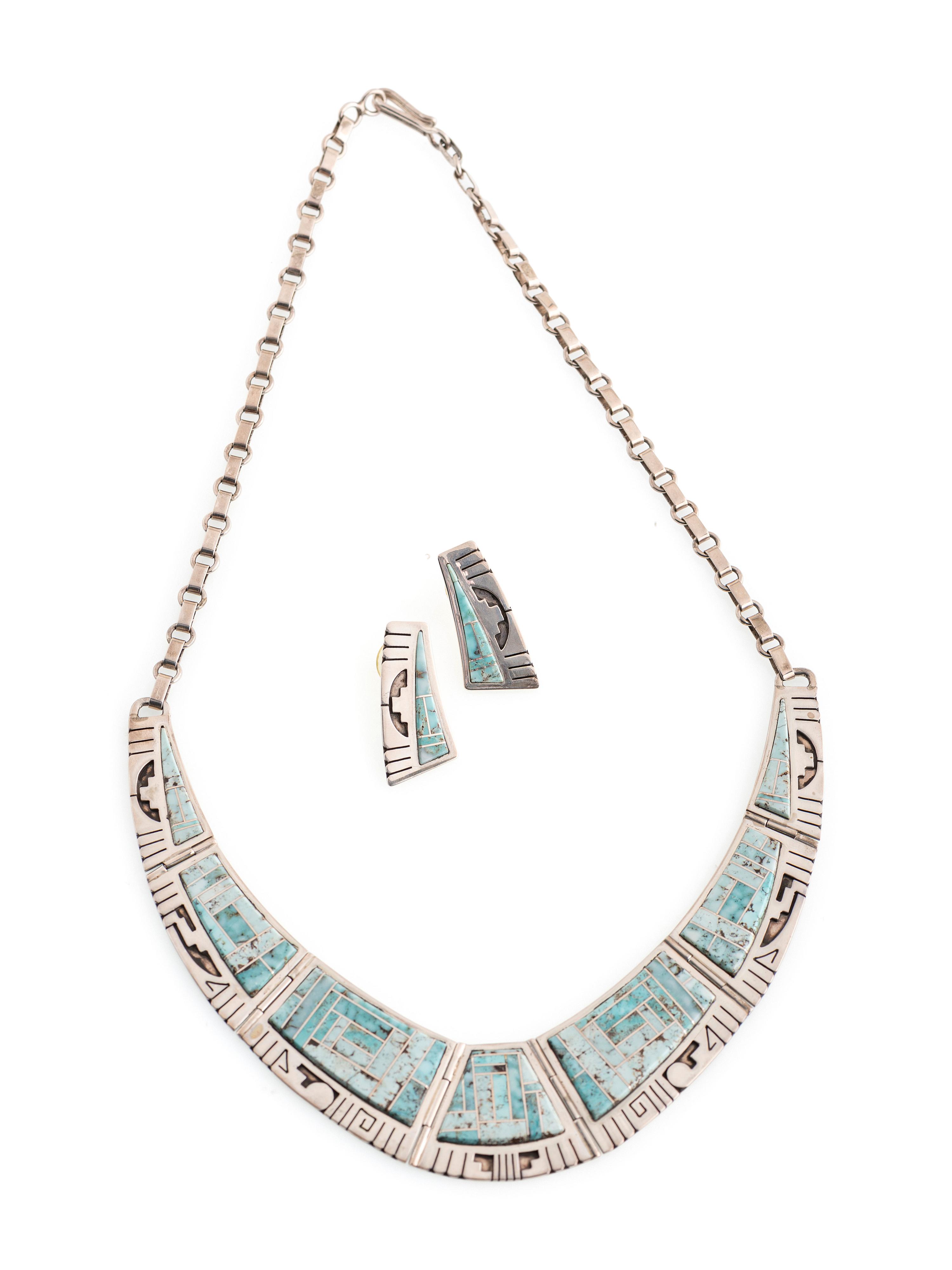 Sterling Silver and Channel Inlay Turquoise Necklace and Post Earring Set