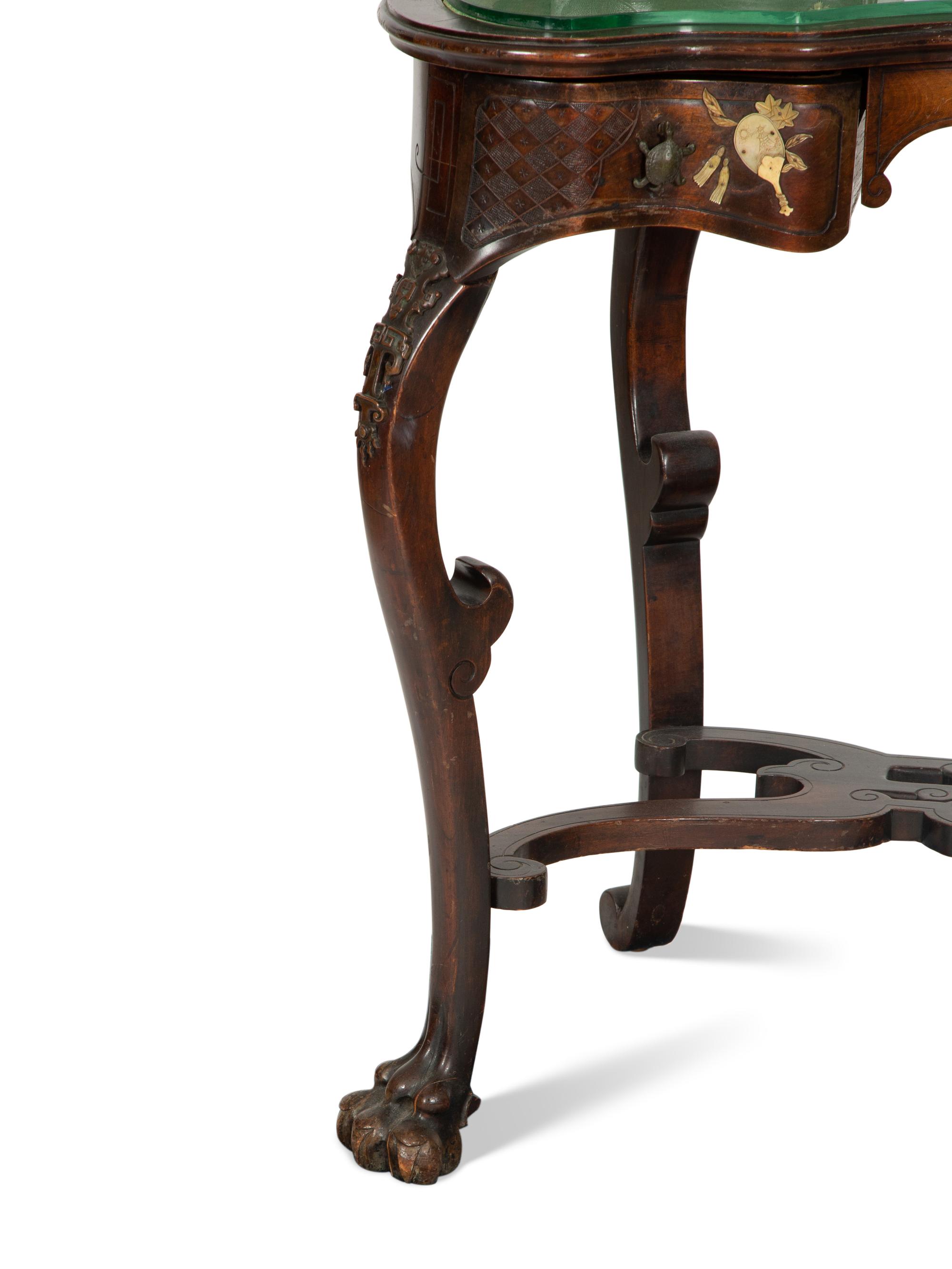 A Japanese Gilt Metal and Hardstone-Mounted Hardwood Dressing Table Mirror and A Stool