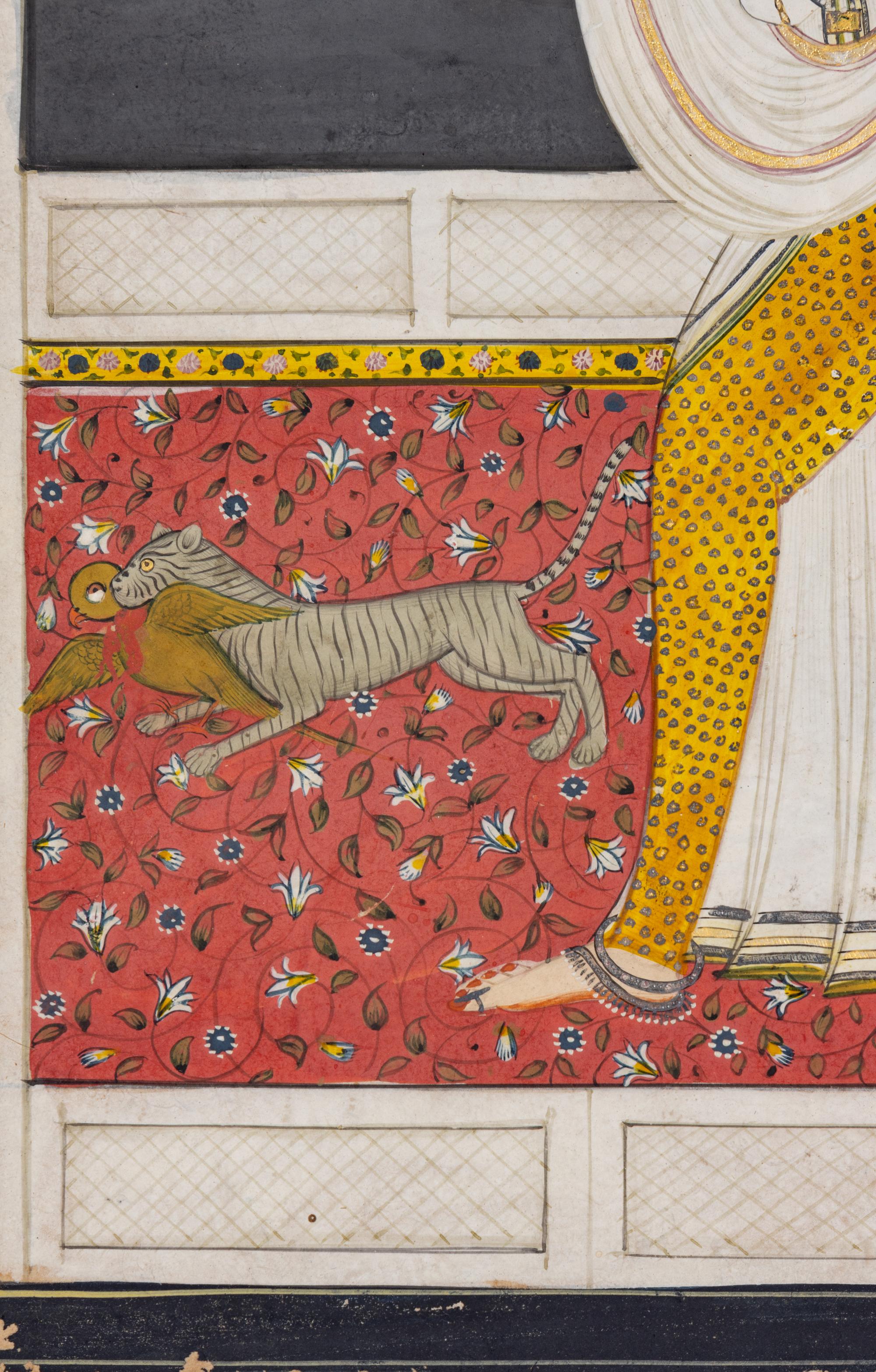 An Indian Painting of a Woman Chasing a Cat Thief, Punjab Hills, Kangra, 1800-1820 1800-1820年 印度旁遮普山丘岡格拉派細密畫《逐貓圖》
