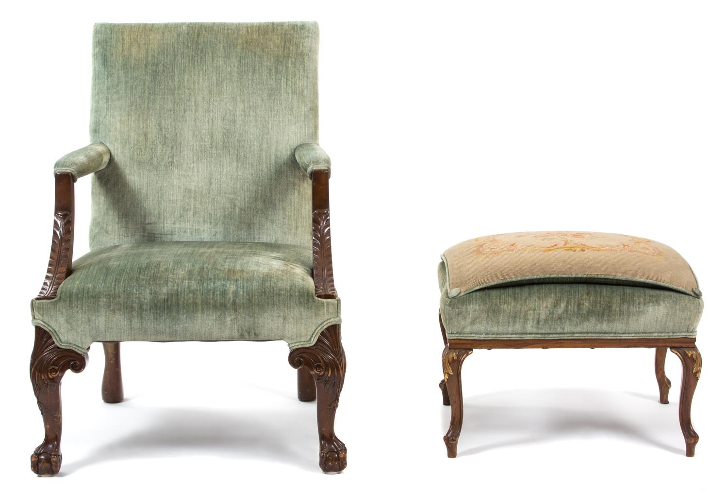 A George II Style Carved Mahogany Library Chair and Ottoman — LATE 19TH CENTURY