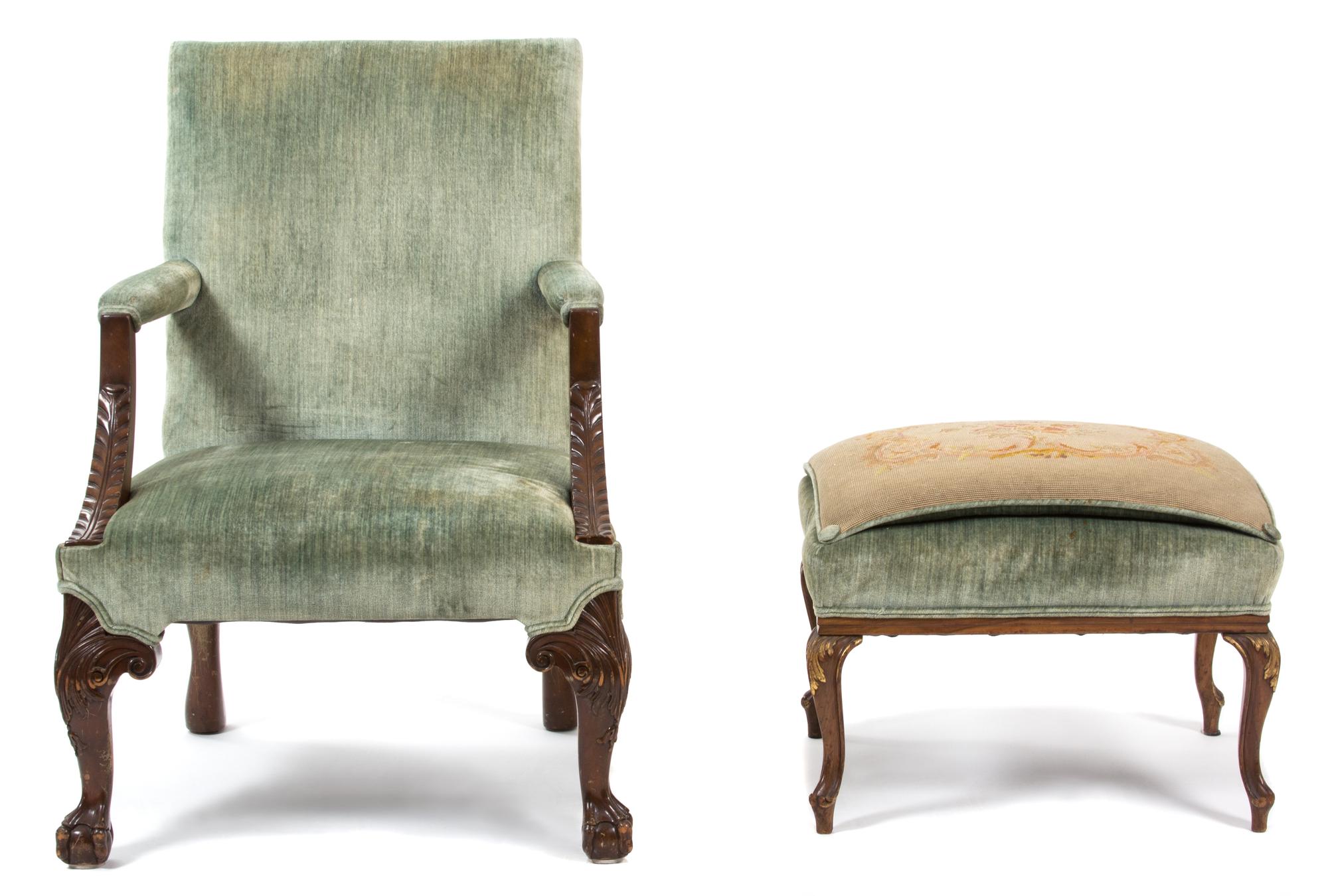 A George II Style Carved Mahogany Library Chair and Ottoman — LATE 19TH CENTURY