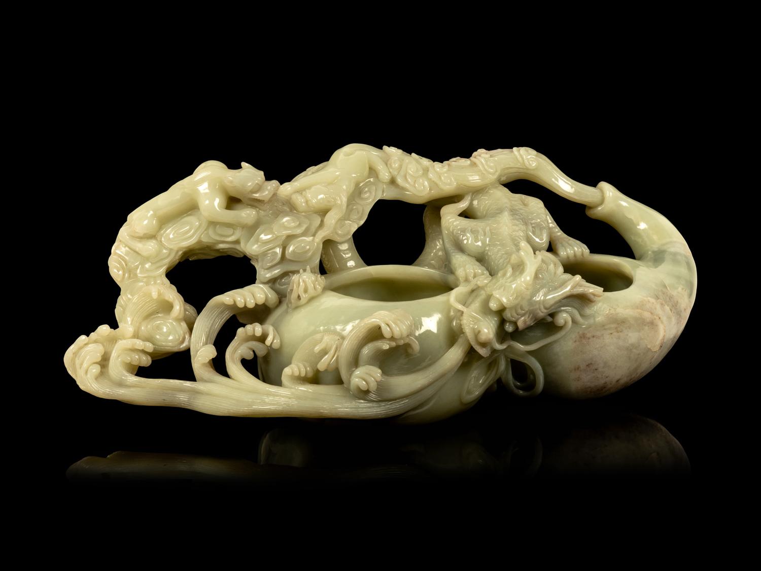 A Large Chinese Celadon Jade 'Dragon on Gourd' Brush Washer
