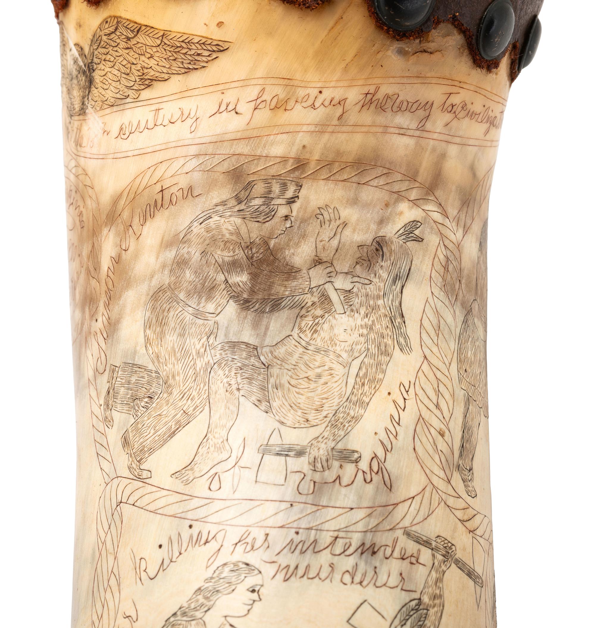 [OHIO VALLEY - 19TH CENTURY]. Decorative scrimshawed "story horn" depicting the " deeds of daring of both heroe and heroein of the 18th century in paveing the way to civilization ," including Daniel Boone, Simon Kenton, and Colonel William.