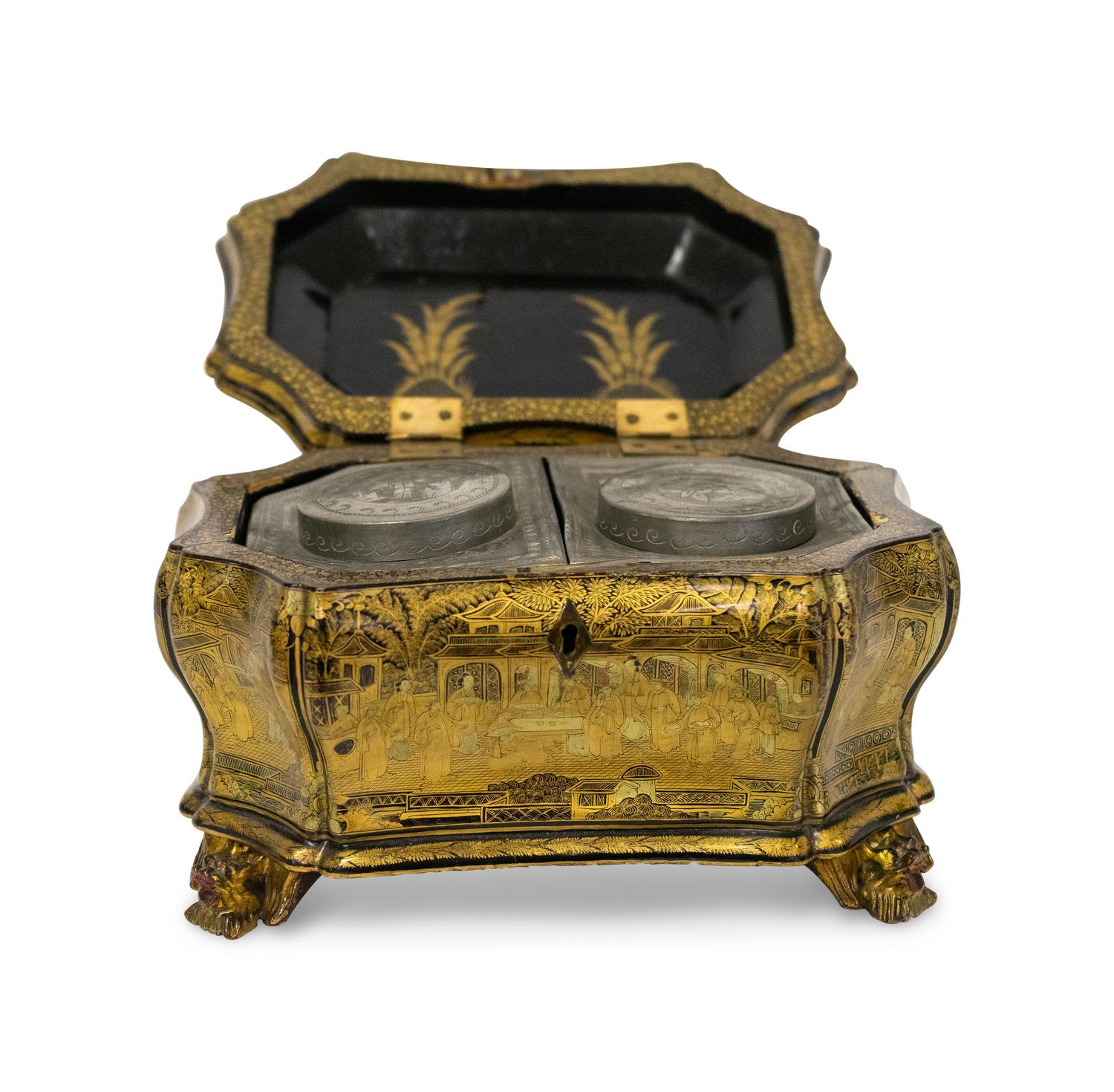 A Chinese Export Black Lacquer Gilt Decorated Tea Caddy