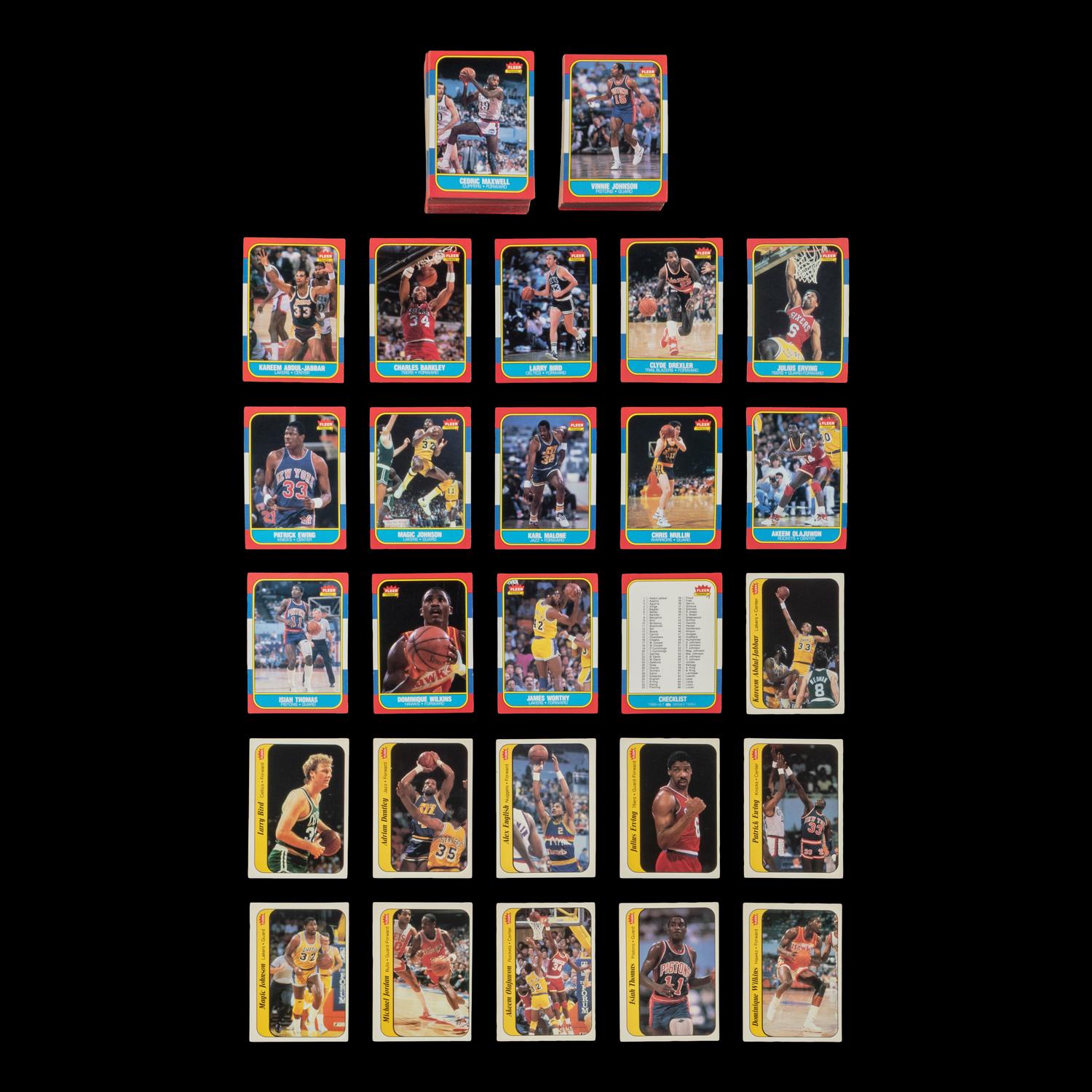 A 1986-87 Fleer Basketball Card Near Set (131/132) with Complete Sticker Set Including Michael Jordan (11/11)