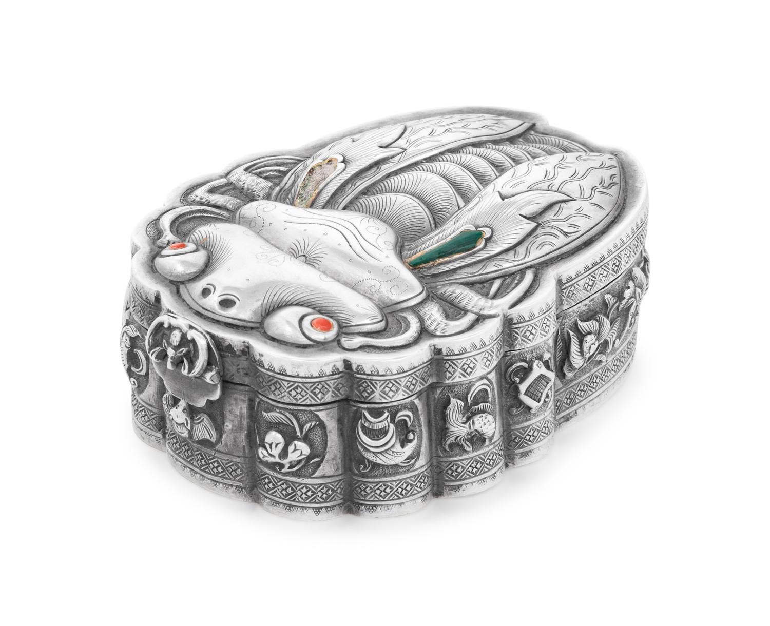A Chinese Silver and Hardstone Mounted Table Casket