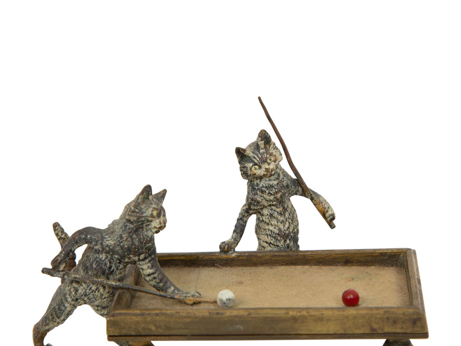 An Austrian Cold Painted Bronze of Two Cats Playing Billiards