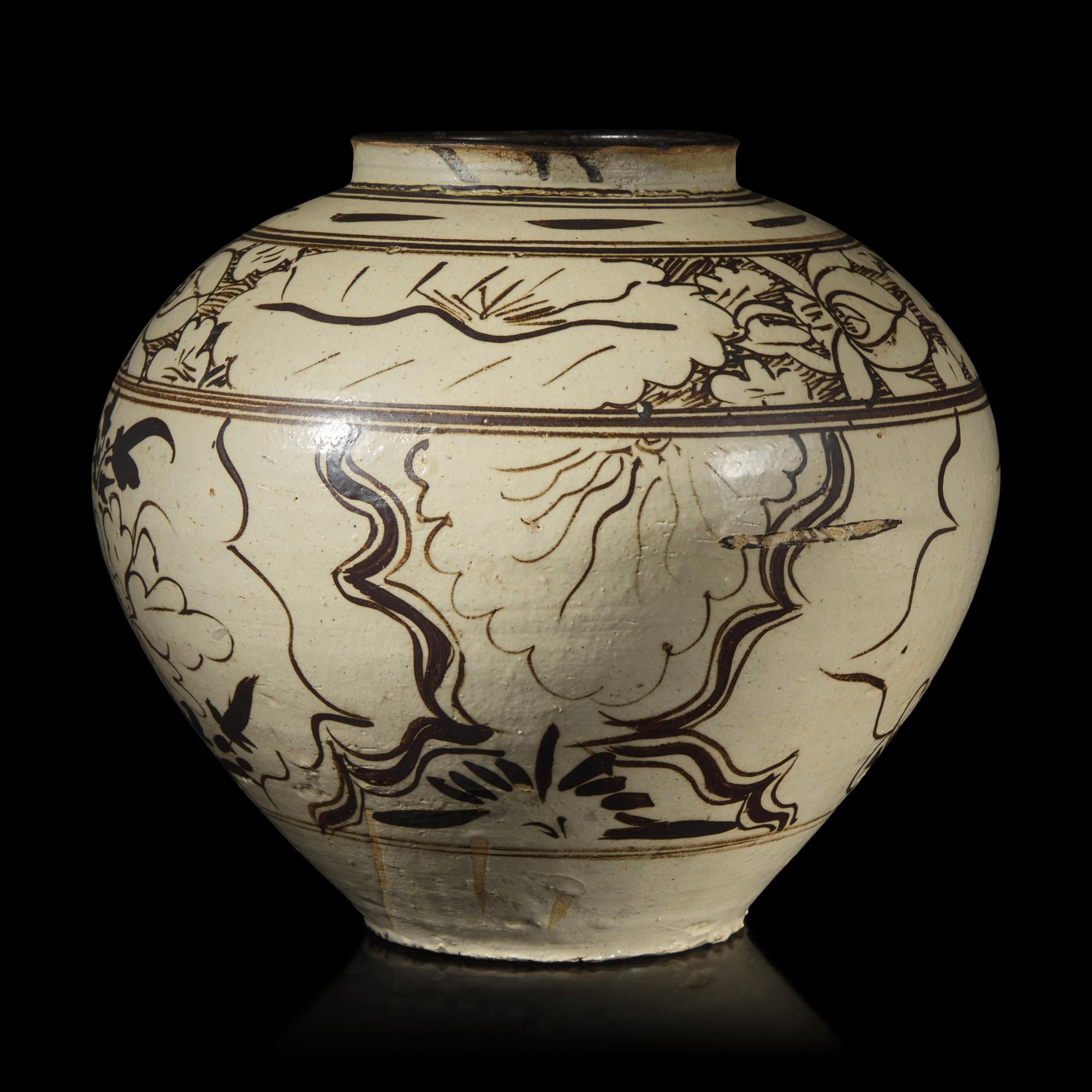 A Chinese Cizhou Style Slip Decorated Jar — 磁州窯花卉紋大罐