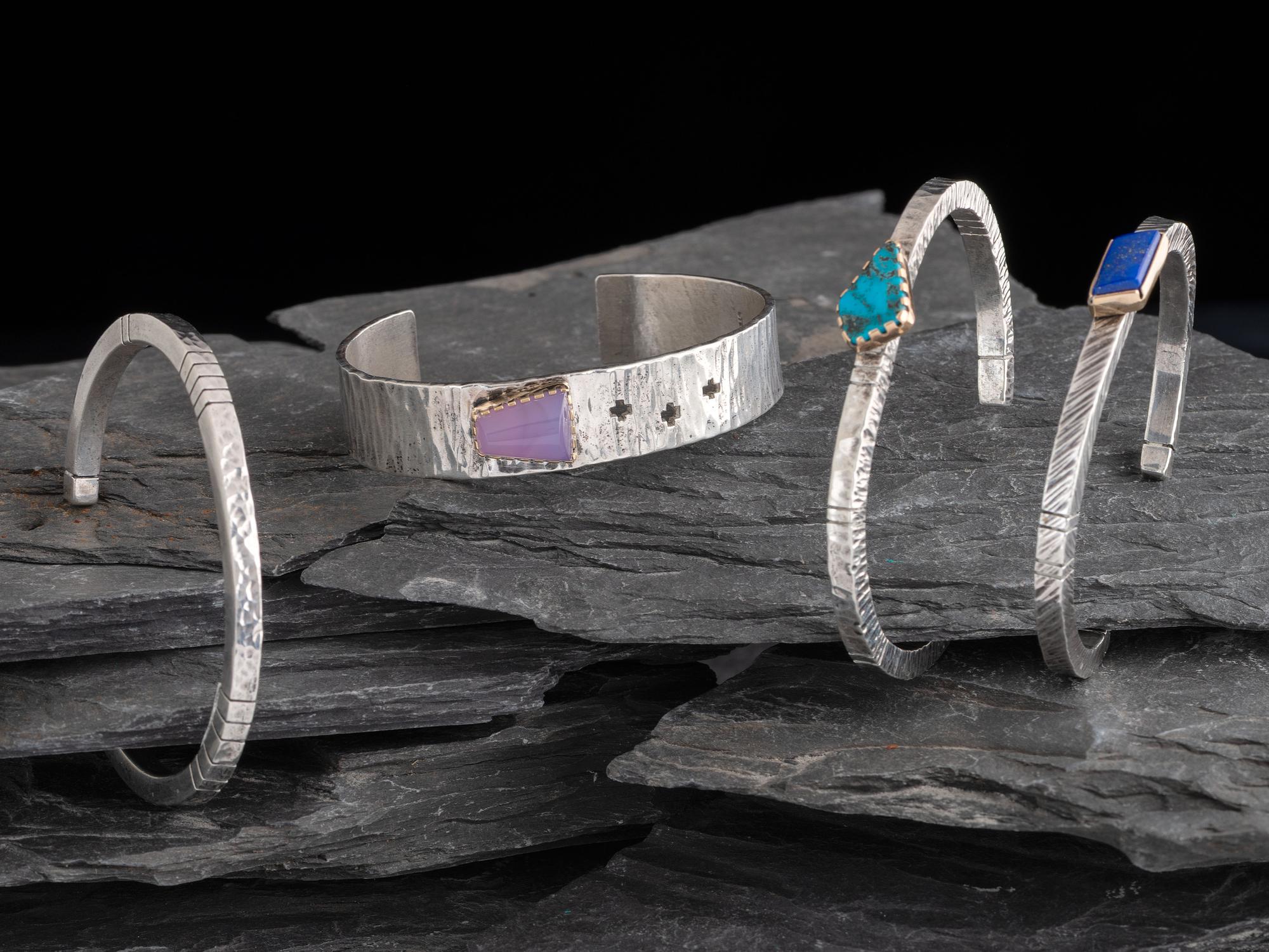 Four Sterling Silver Cuff Bracelets, Three with 14K Gold Accents