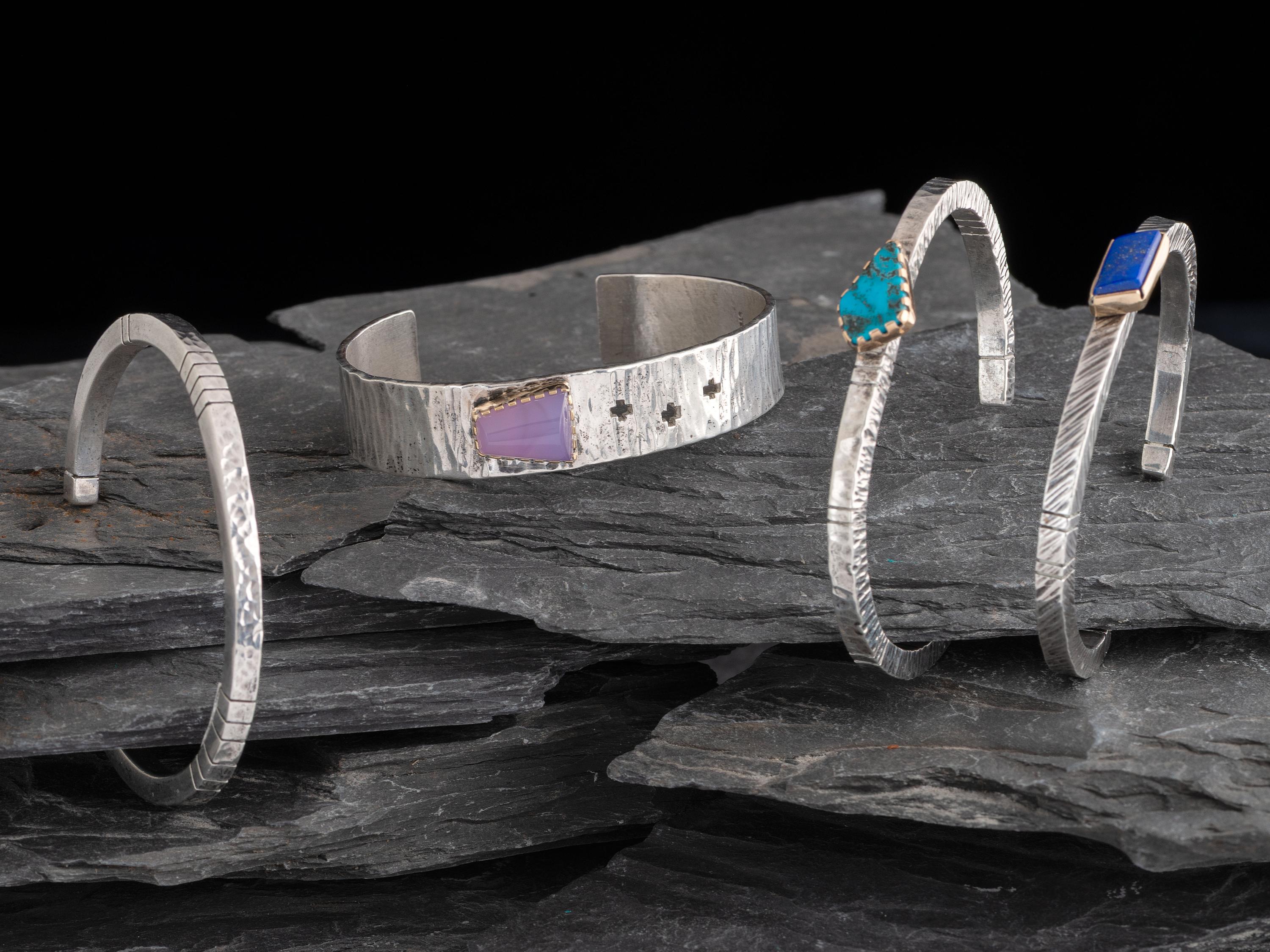 Four Sterling Silver Cuff Bracelets, Three with 14K Gold Accents