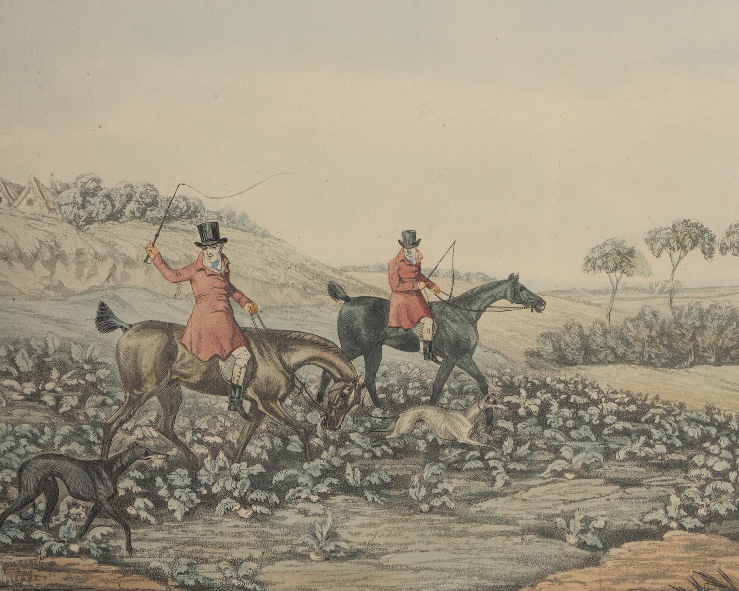 A Set of Four English Hand-Colored Etchings of Hunting Scenes