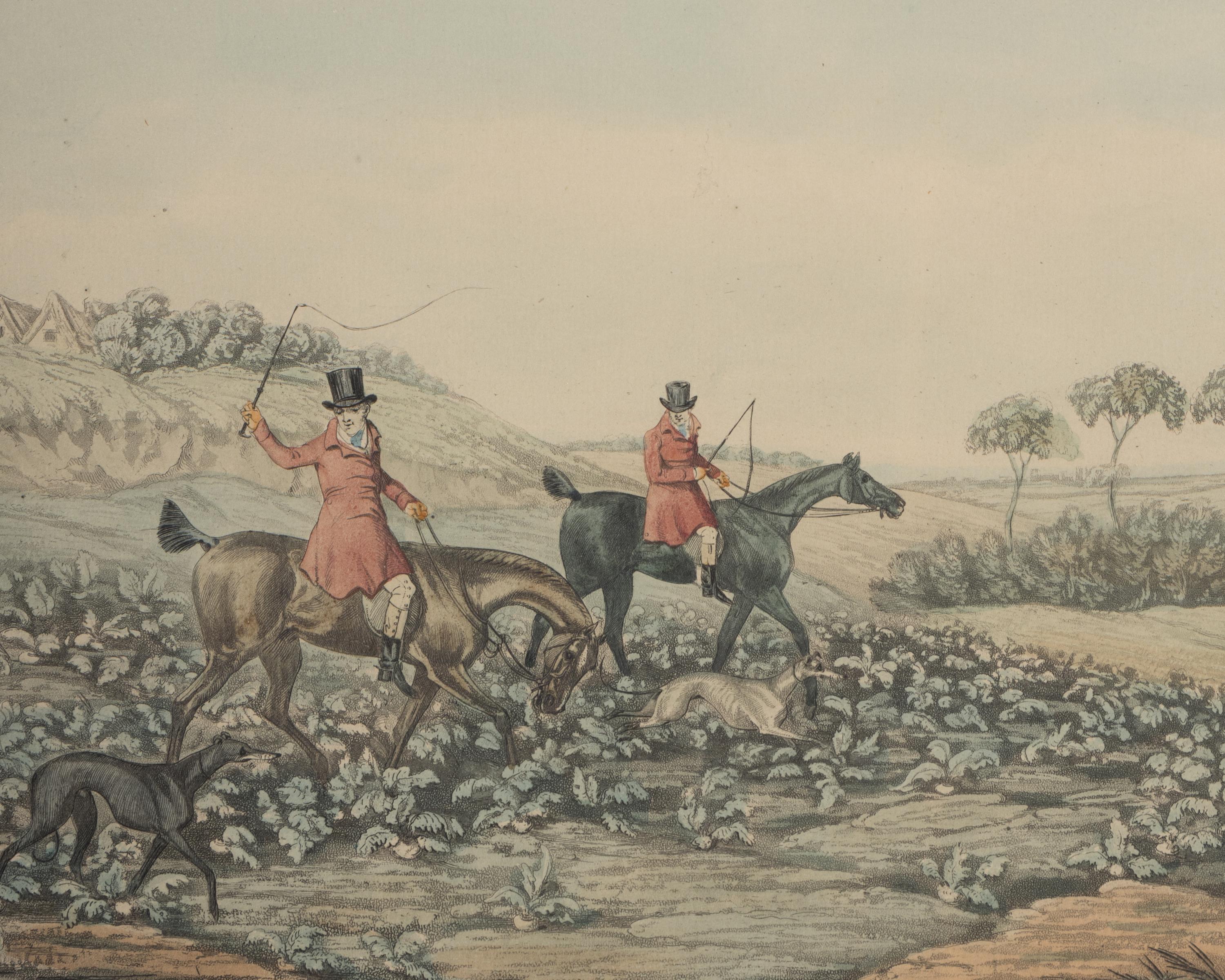 A Set of Four English Hand-Colored Etchings of Hunting Scenes