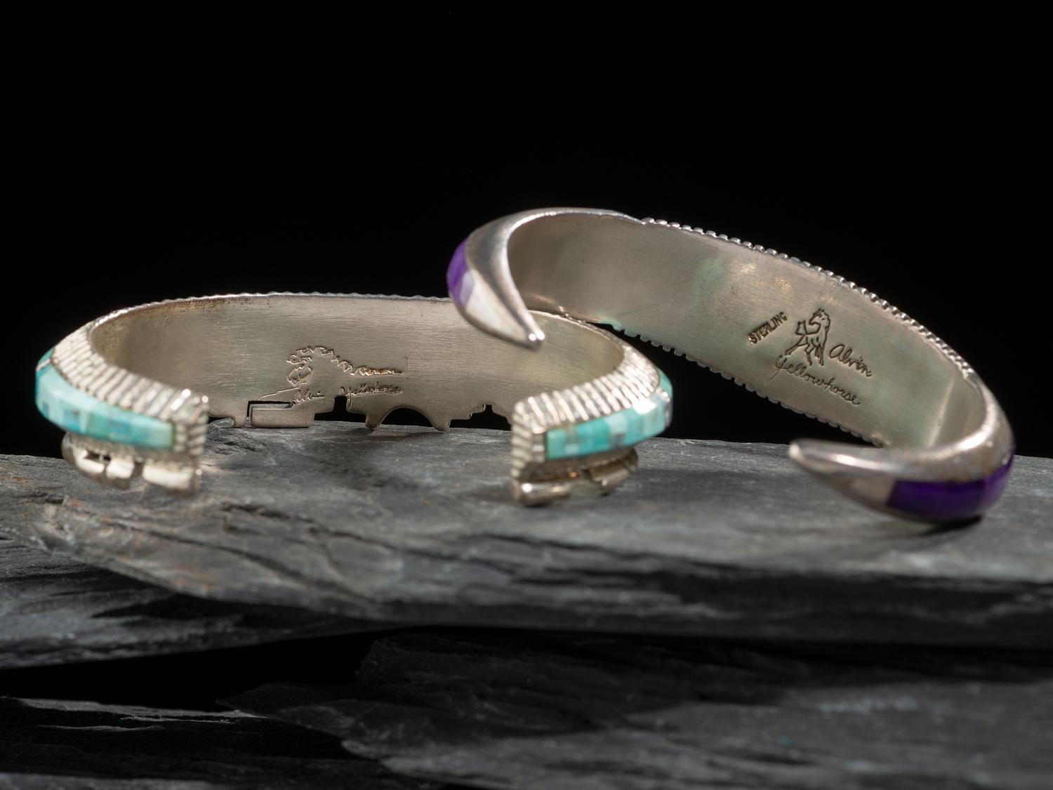 Pair of Slender Sterling Silver and Mosaic Inlay Cuff Bracelets