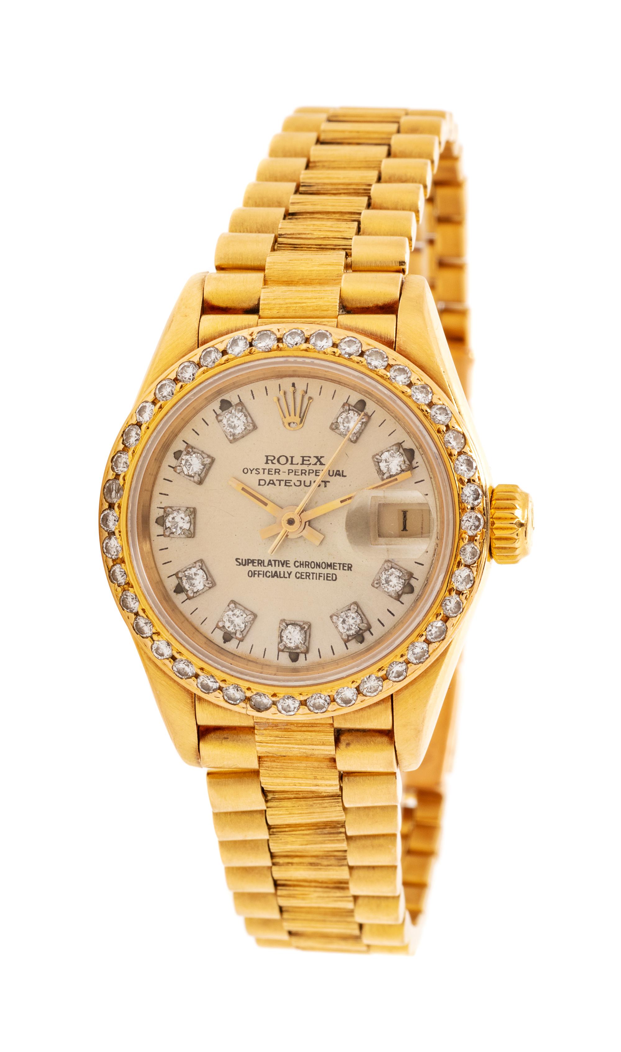 An 18 Karat Yellow Gold and Diamond Ref. 69278 'Oyster Perpetual Datejust' Wristwatch, Rolex, 45.00 dwts.