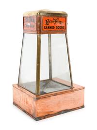 A Dwinell-Wright Co. Coffee Advertising Box, along with a Copper and Brass Colonial Coffee and Lily of the Valley Canned Goods Counter Top Vitrine Display Case