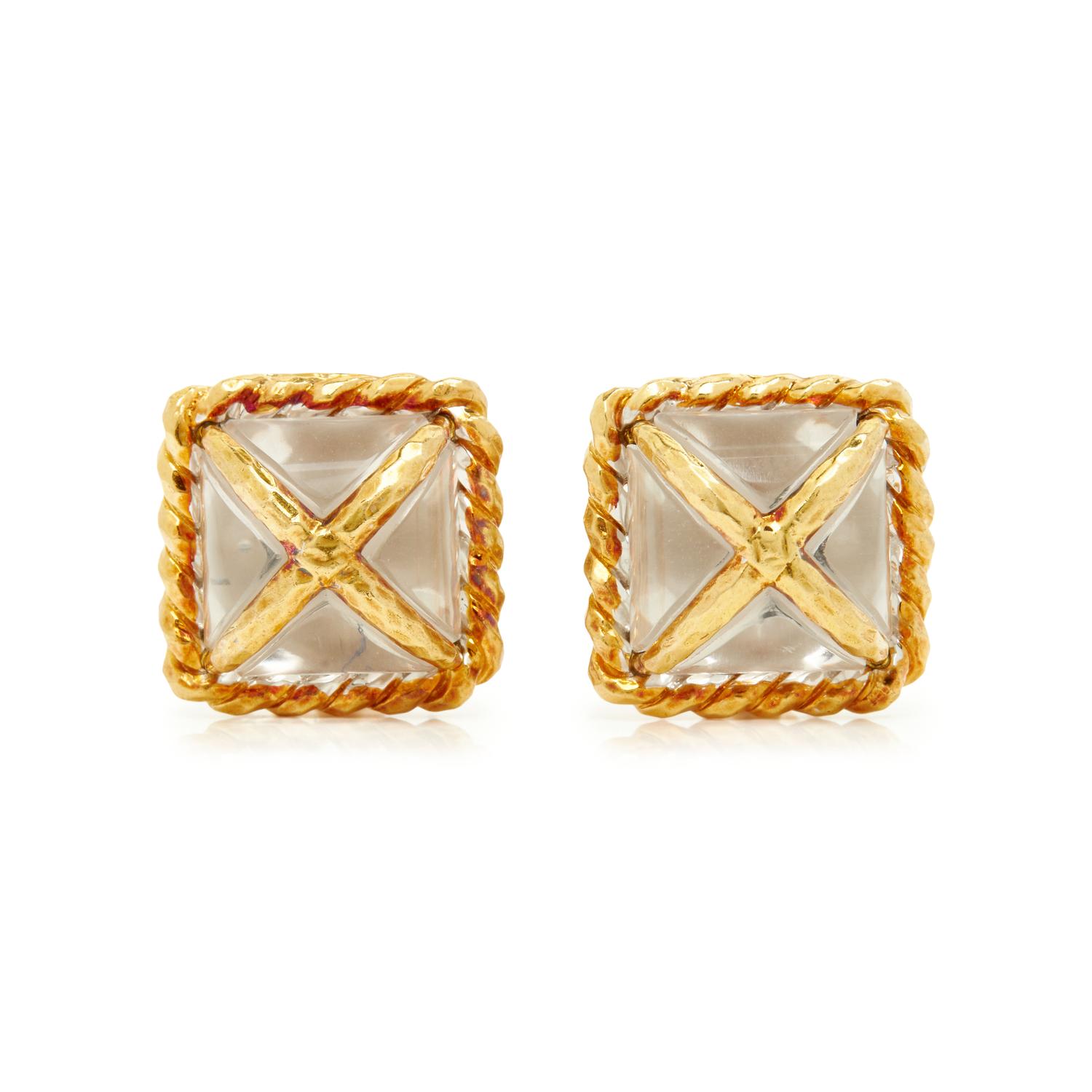 DAVID WEBB, YELLOW GOLD AND ROCK CRYSTAL CLIP EARRINGS