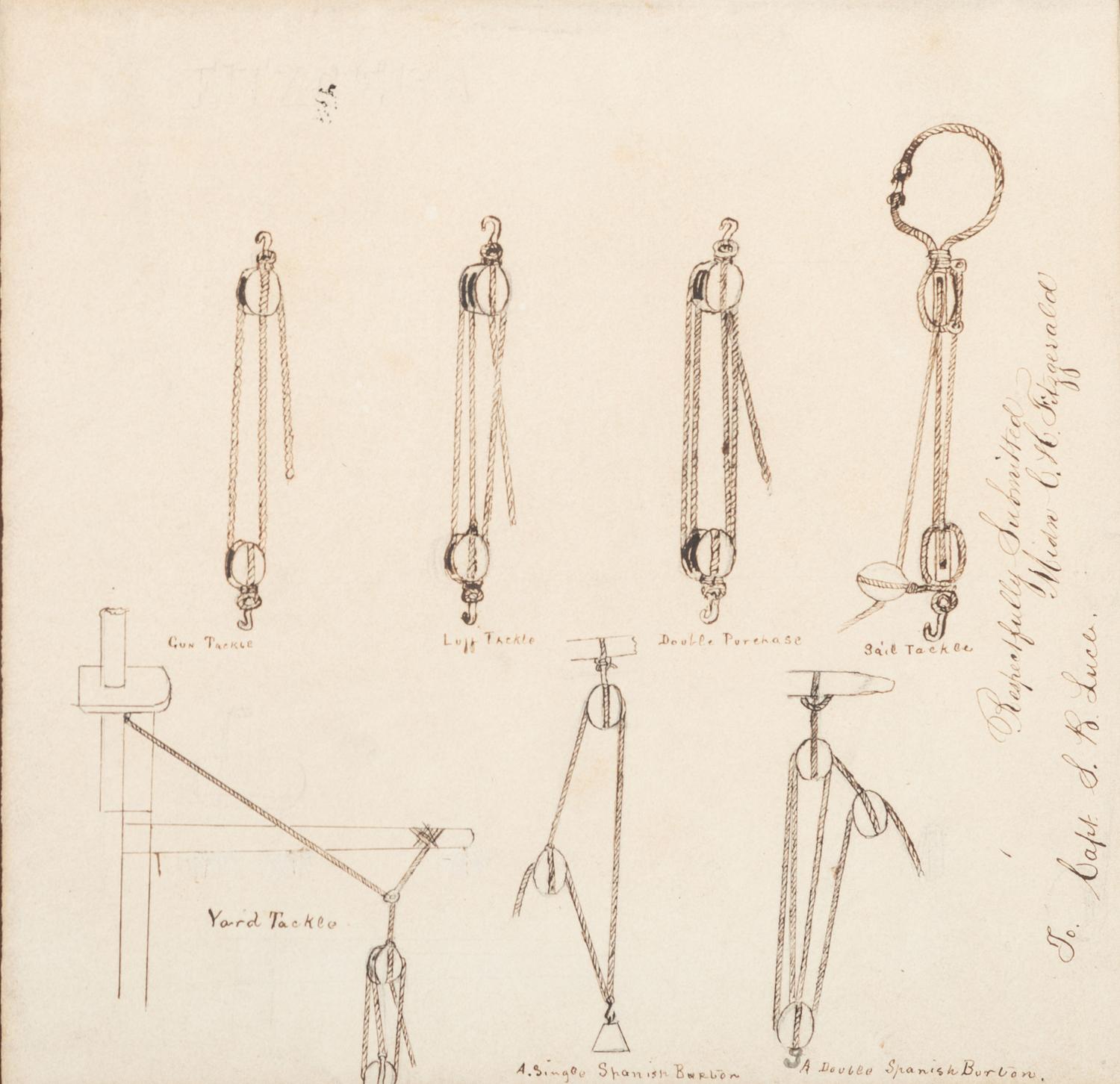 [CIVIL WAR]. A group of 10 pre-War drawings/sketches believed to be class art made at the Naval Academy, many identified to "Fitzgerald," incl. renderings of engines, devices, and a map.