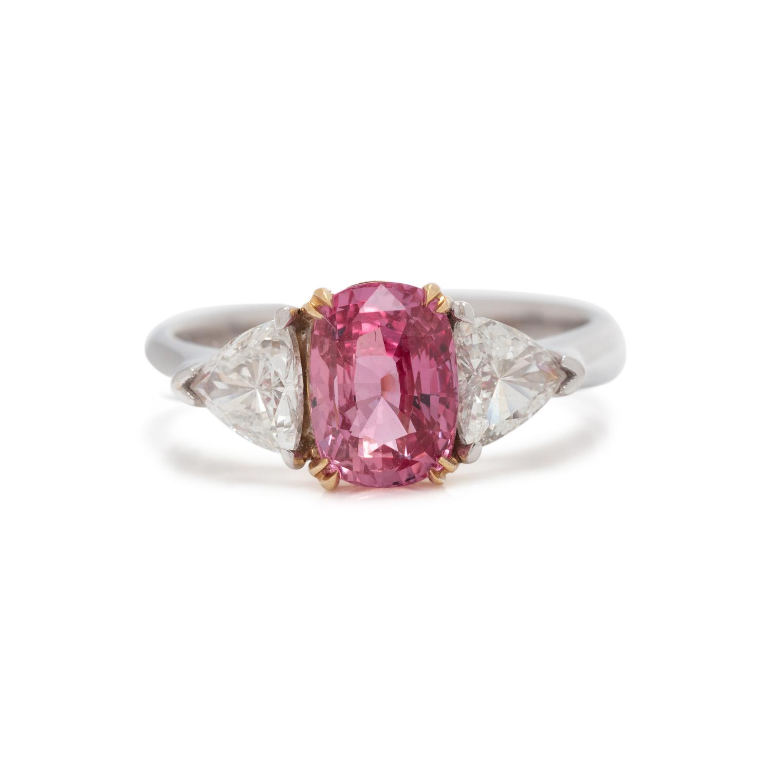 BROWNISH ORANGE-PINK SAPPHIRE AND DIAMOND RING