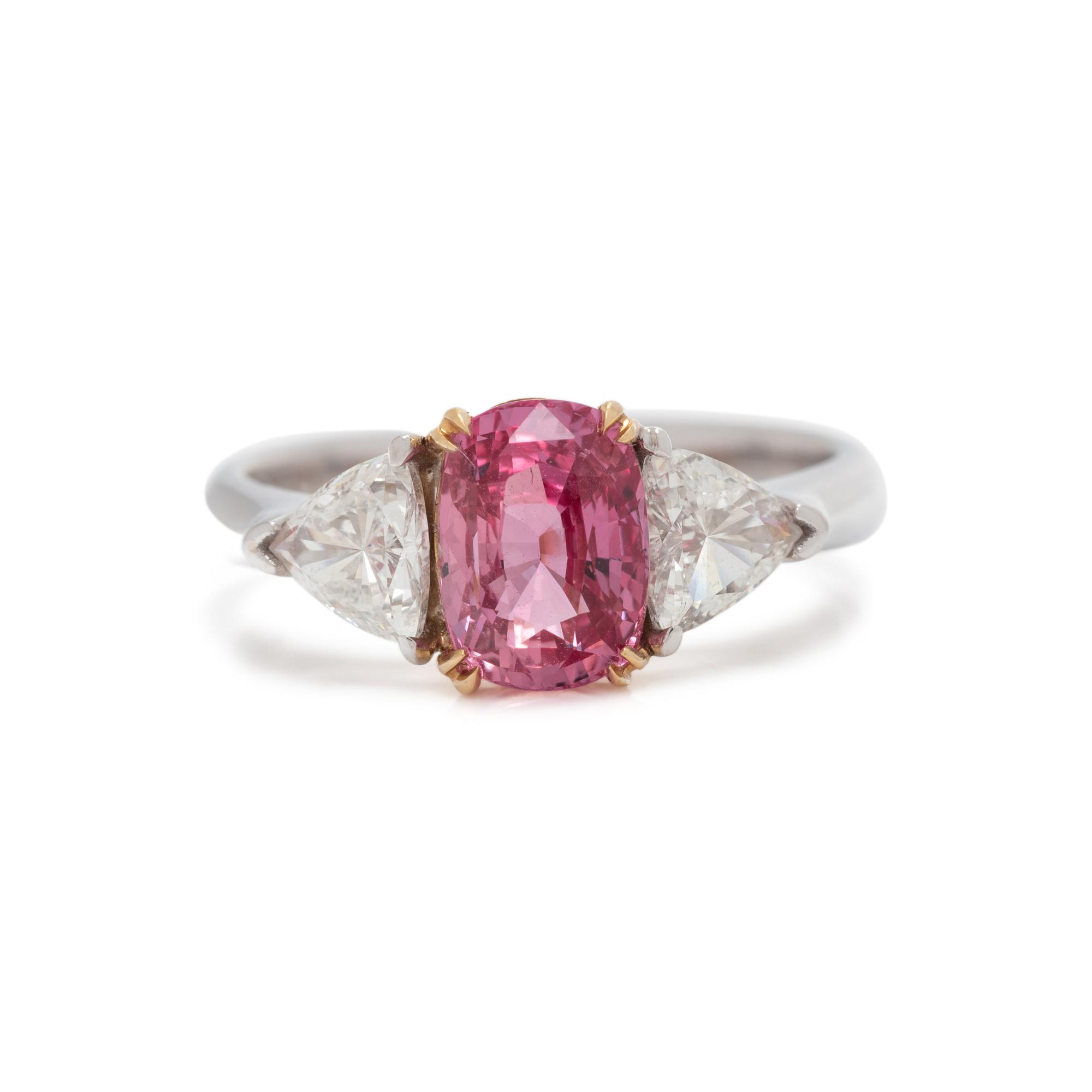 BROWNISH ORANGE-PINK SAPPHIRE AND DIAMOND RING