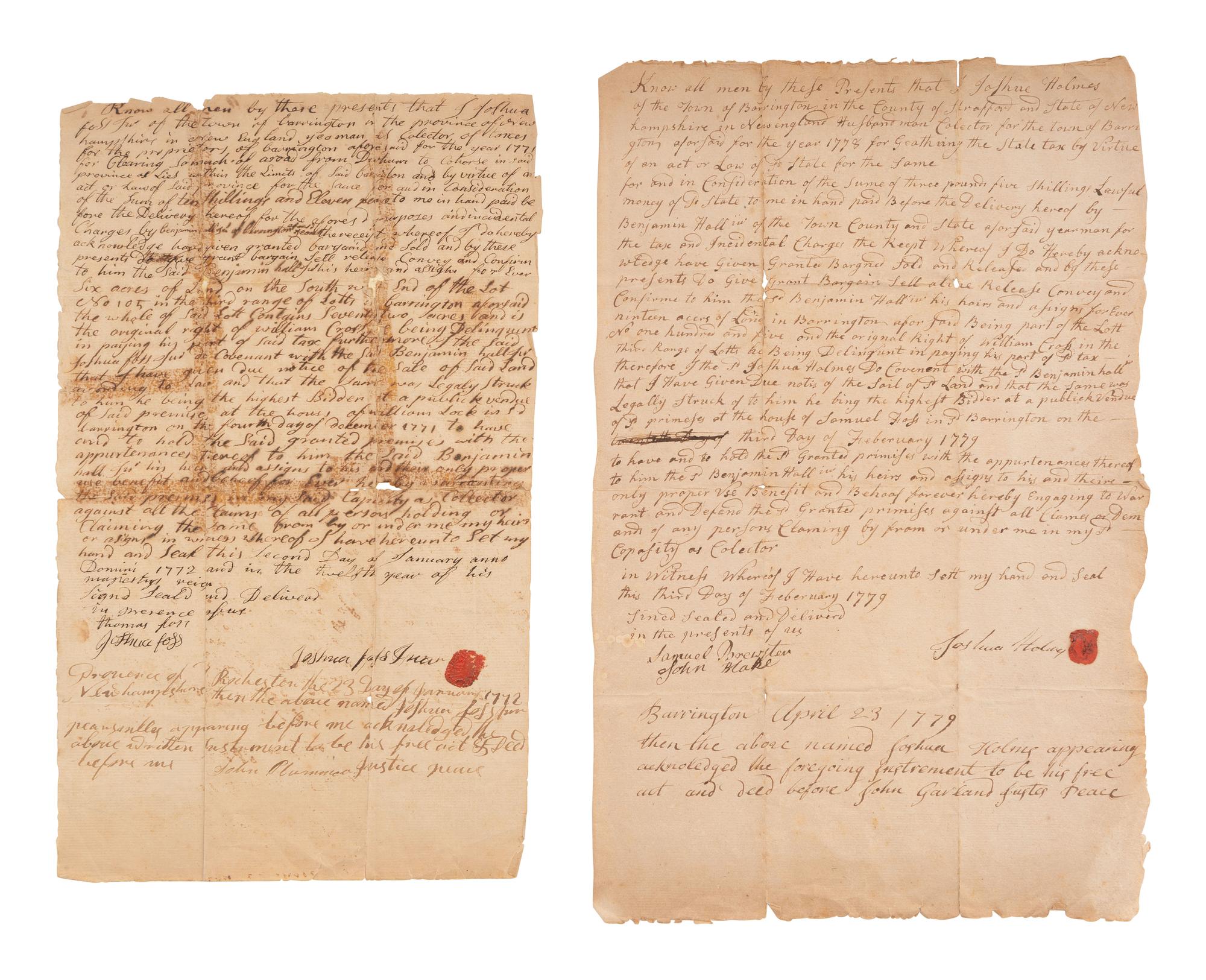 [REVOLUTIONARY WAR]. Group of 2 New Hampshire land indentures, comprising: