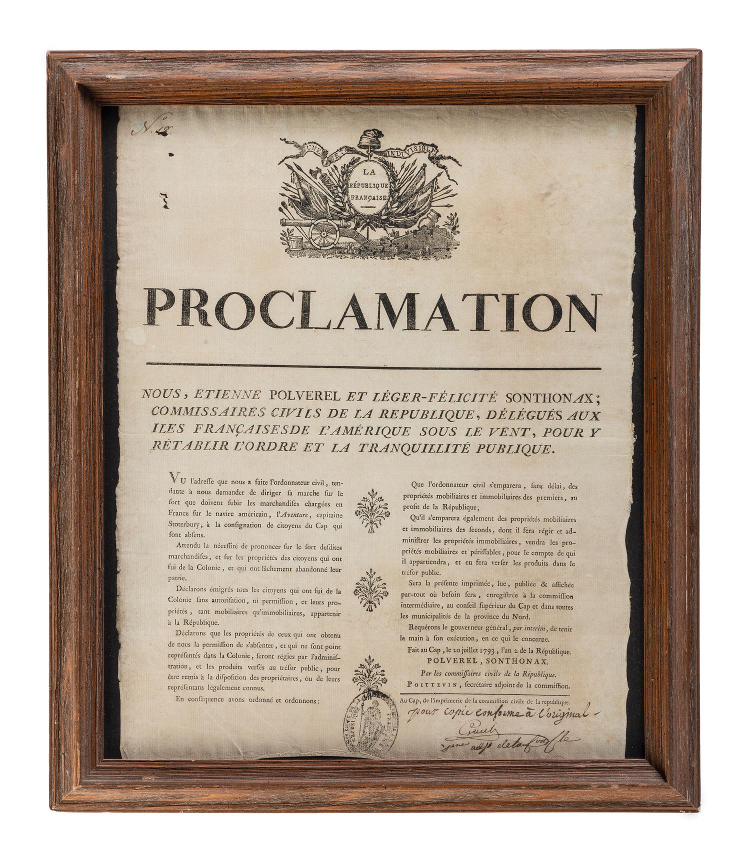 [SLAVERY & ABOLITION] -- [HAITIAN REVOLUTION]. POLVEREL, Étienne (1740-1795) and Léger-Félicité SONTHONAX (1763-1813). Proclamation. Le Cap, Haiti: Commission civile de la republique, 20 July 1793.