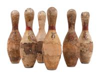 A Set of Twelve Vintage Brunswick Dura-King Red Crown Plastic Coated Wood Bowling Pins