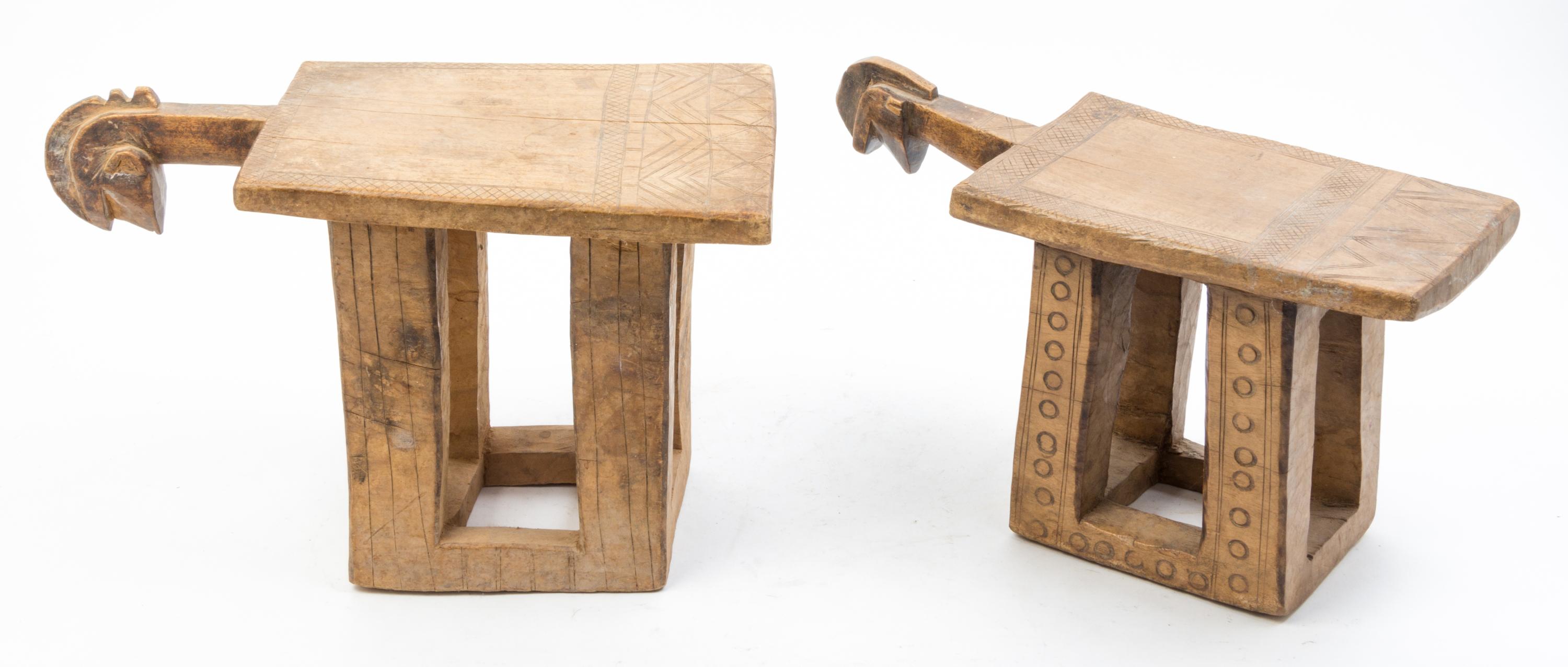 A Group of Five Wood Stools and Neck Rests Height of tallest 10 1/4 inches.