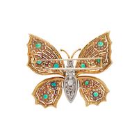 BICOLOR GOLD, DIAMOND AND EMERALD BUTTERFLY BROOCH
