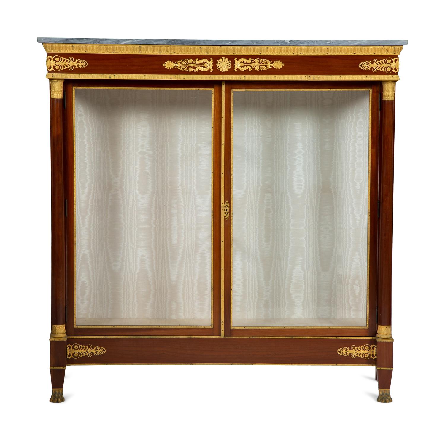 A Pair of Empire Style Gilt Bronze Mounted Mahogany Marble Top Vitrine Cabinets