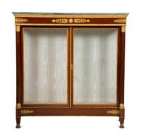 A Pair of Empire Style Gilt Bronze Mounted Mahogany Marble Top Vitrine Cabinets