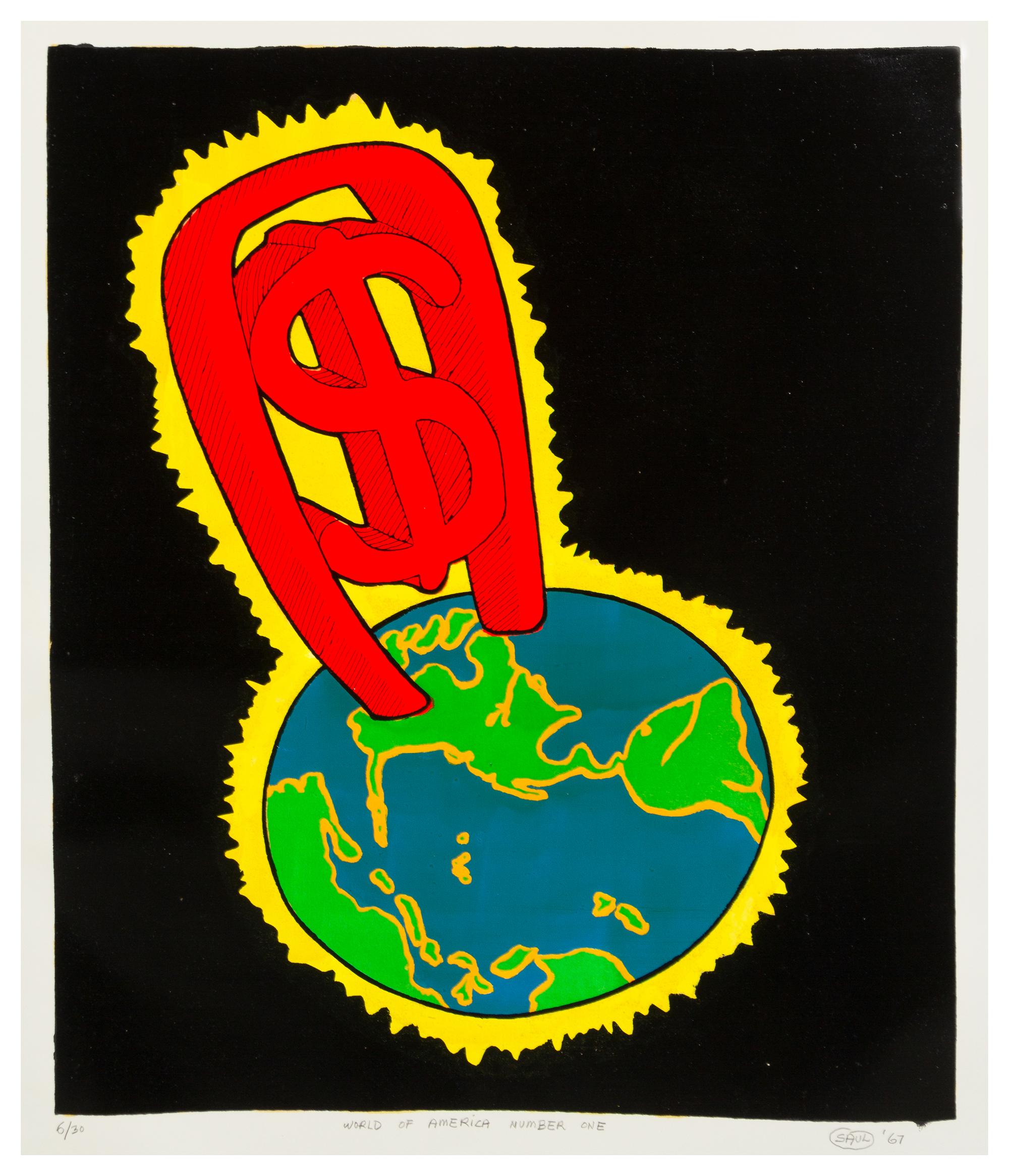 Peter Saul, (American, b. 1934), Golden Gate Bridge, 1968 World of America Number One, 1967 (a pair of works)