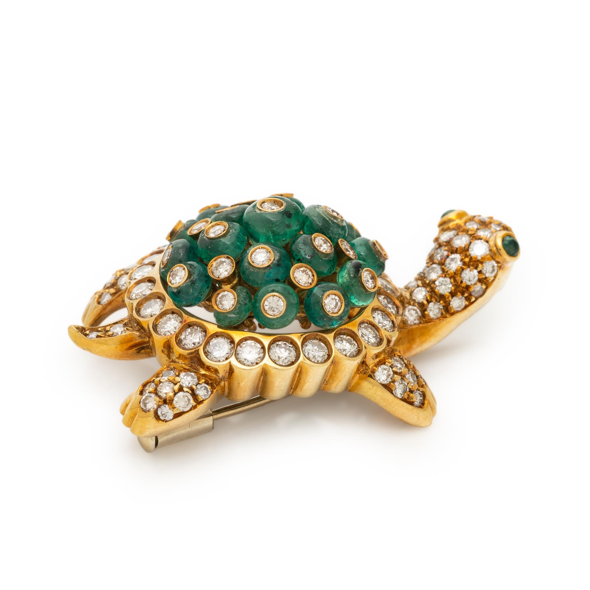 GIOVANE, EMERALD, DIAMOND, AND YELLOW GOLD TURTLE BROOCH