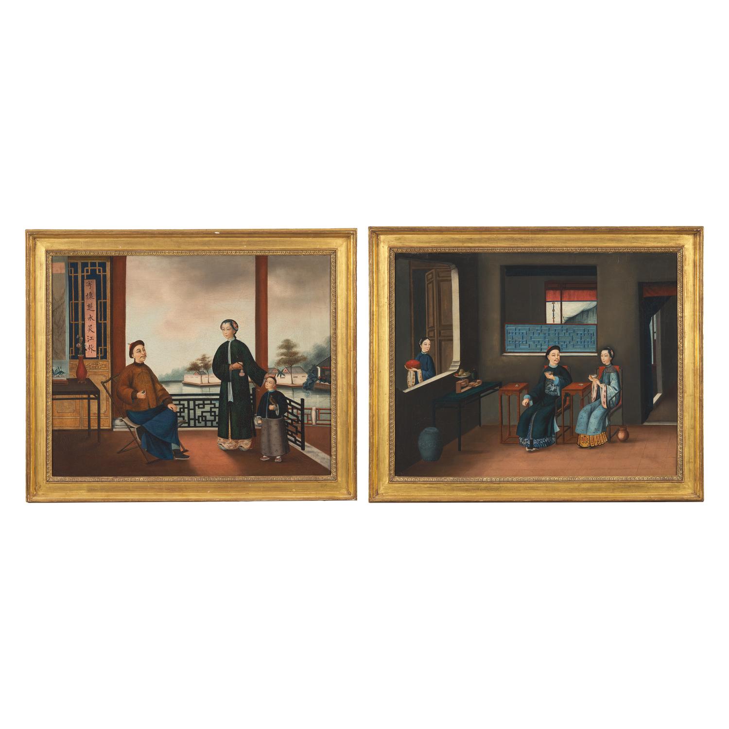Chinese School, Circa 1820, a Pair of Portraits of a Mandarin at Home 約1820年作 外銷油畫起居圖兩幅