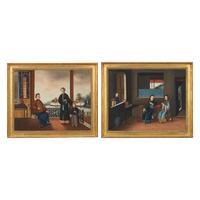 Chinese School, Circa 1820, a Pair of Portraits of a Mandarin at Home 約1820年作 外銷油畫起居圖兩幅