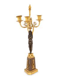 A Pair of Empire Style Gilt and Patinated Bronze Figural Candelabra