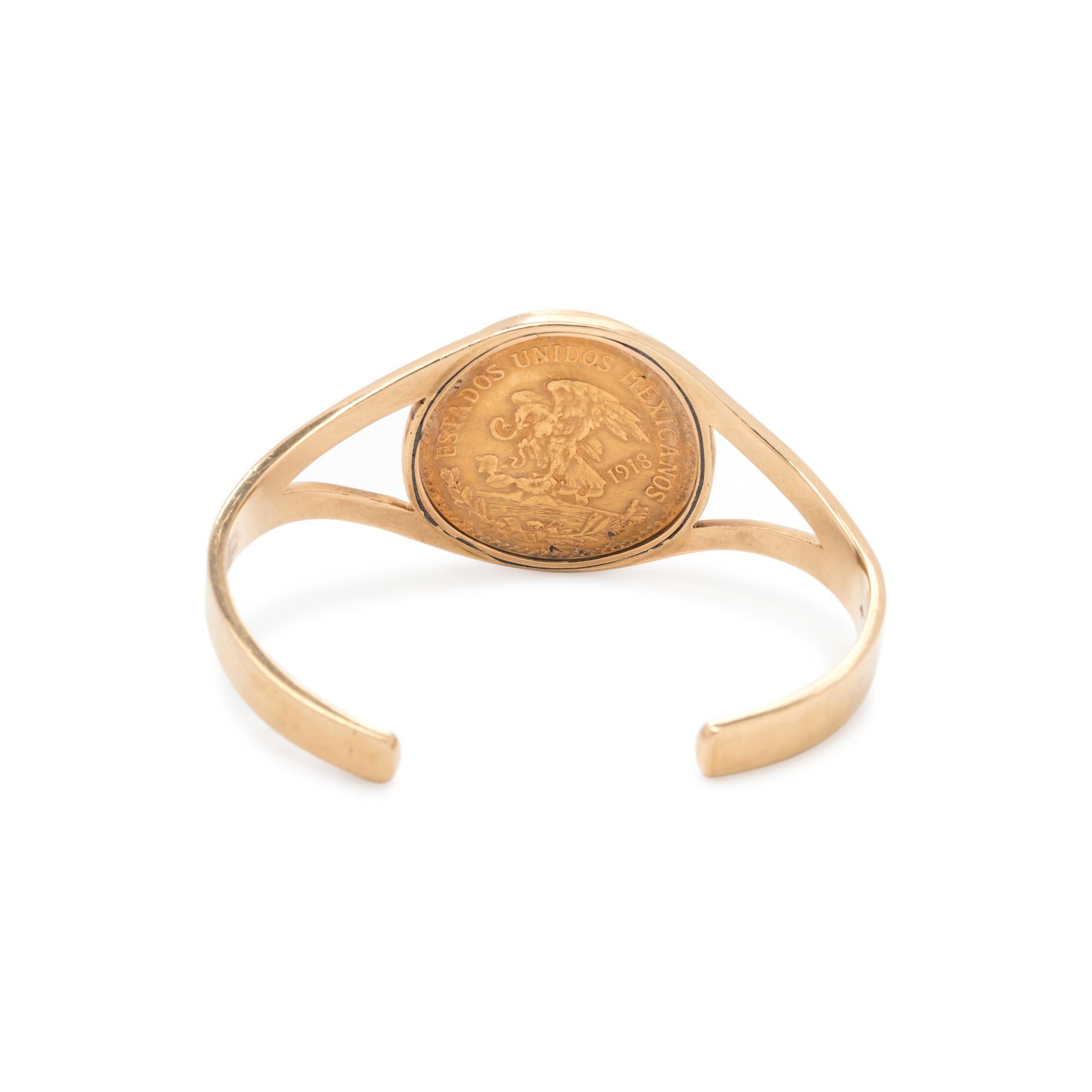 YELLOW GOLD AND MEXICAN 20 PESOS COIN CUFF BRACELET