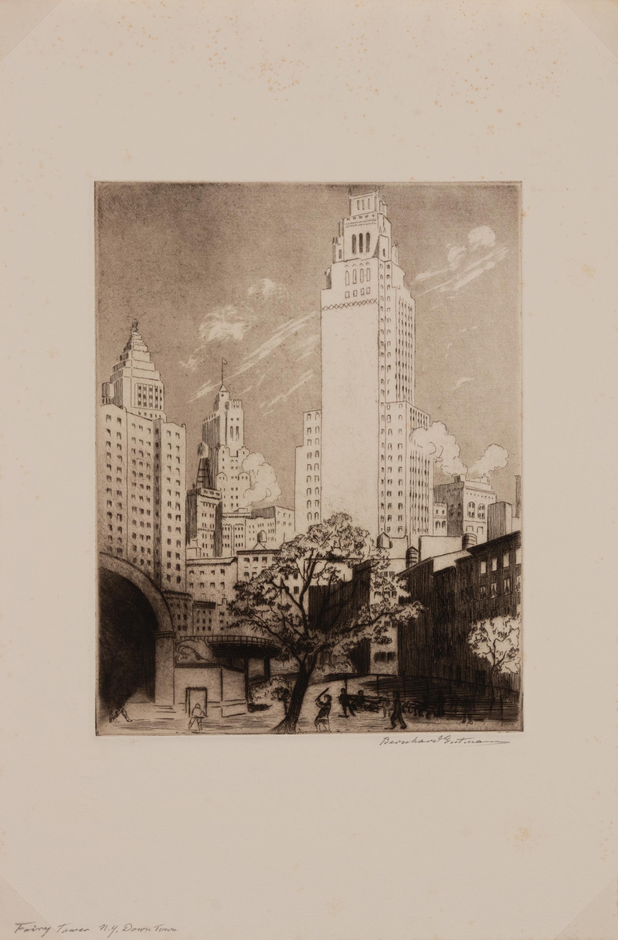 A group of four American prints (Otto Kuhler, No 7 Sp ; Armin Landeck, Excavation Site Manhattan ; Betty Waldo Parish, City Landscape; Bernard Gutmann , Fairy Tower NYC Downtown )