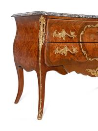 A Pair of Louis XV Style Gilt Bronze Mounted Sans Traverse Marquetry and Parquetry Marble-Top Bombe Commodes