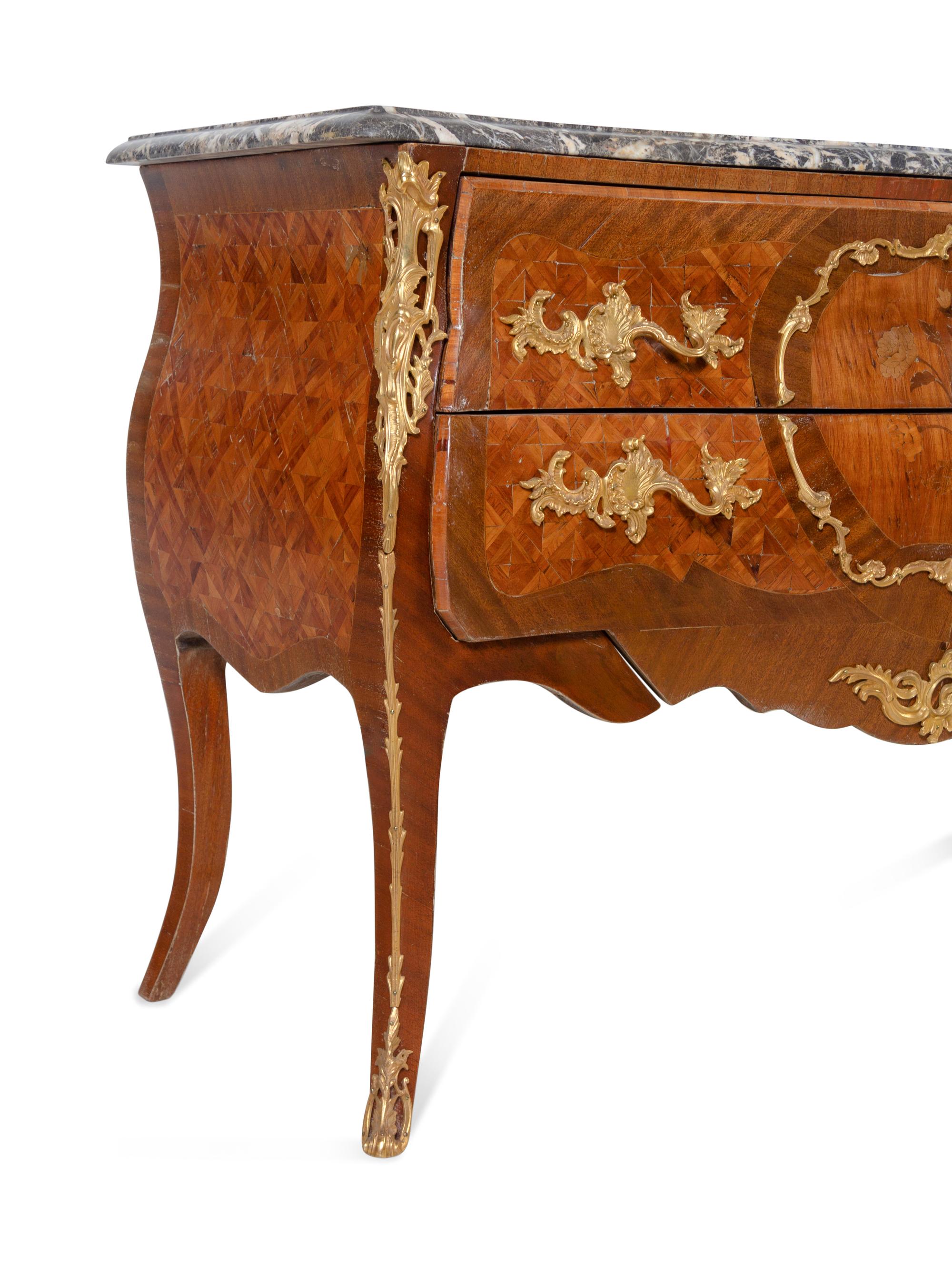 A Pair of Louis XV Style Gilt Bronze Mounted Sans Traverse Marquetry and Parquetry Marble-Top Bombe Commodes
