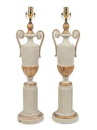 A Pair of Painted and Parcel Gilt Urns on Plinths Mounted as Lamps