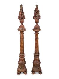 A Pair of Italian Baroque Style Painted Terra Cotta and Carved Wood Pedestals