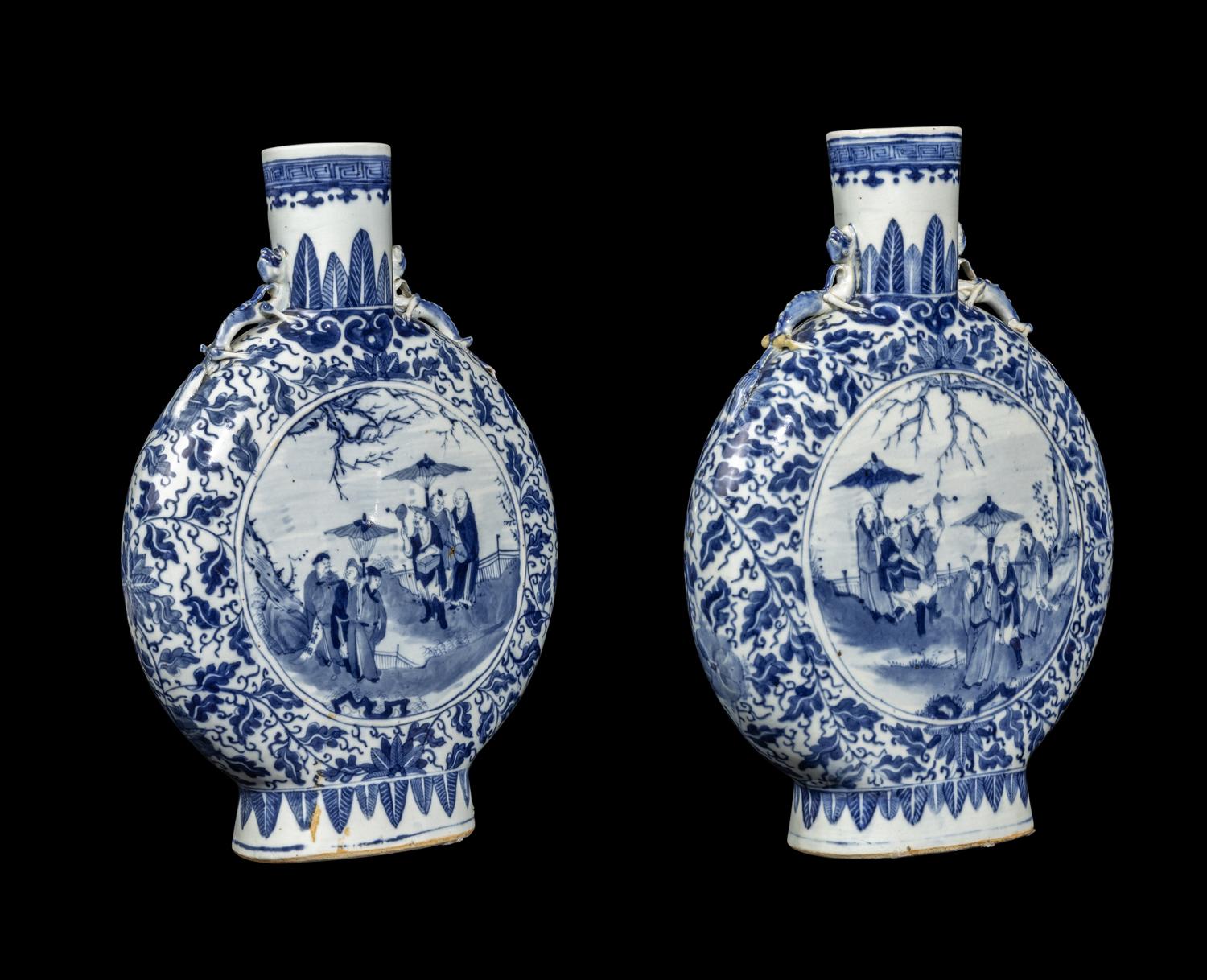 A Pair of Chinese Blue and White Porcelain Moon Flasks