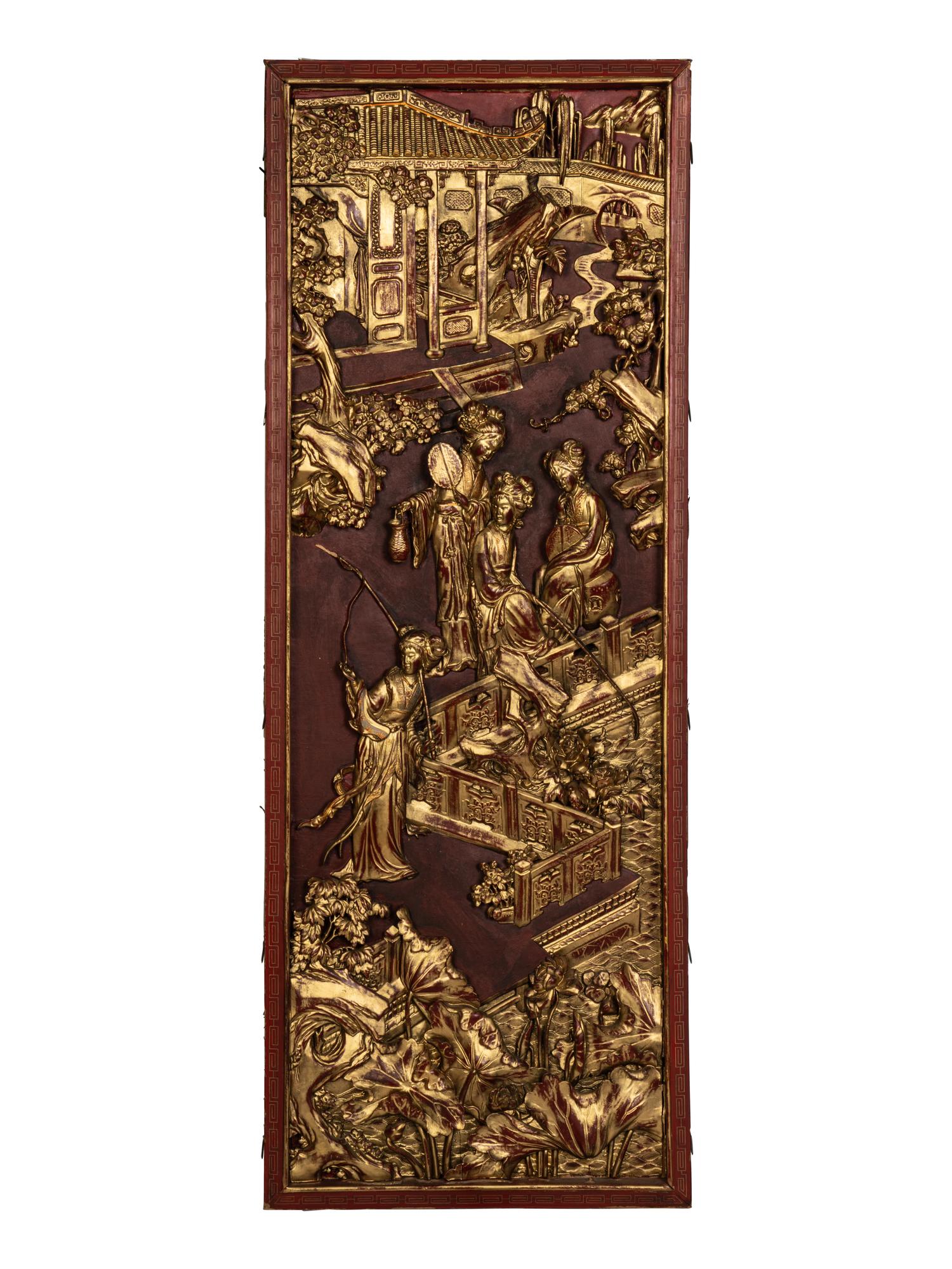 Two Pairs of Chinese Gilt and Red Lacquered Wood Panels