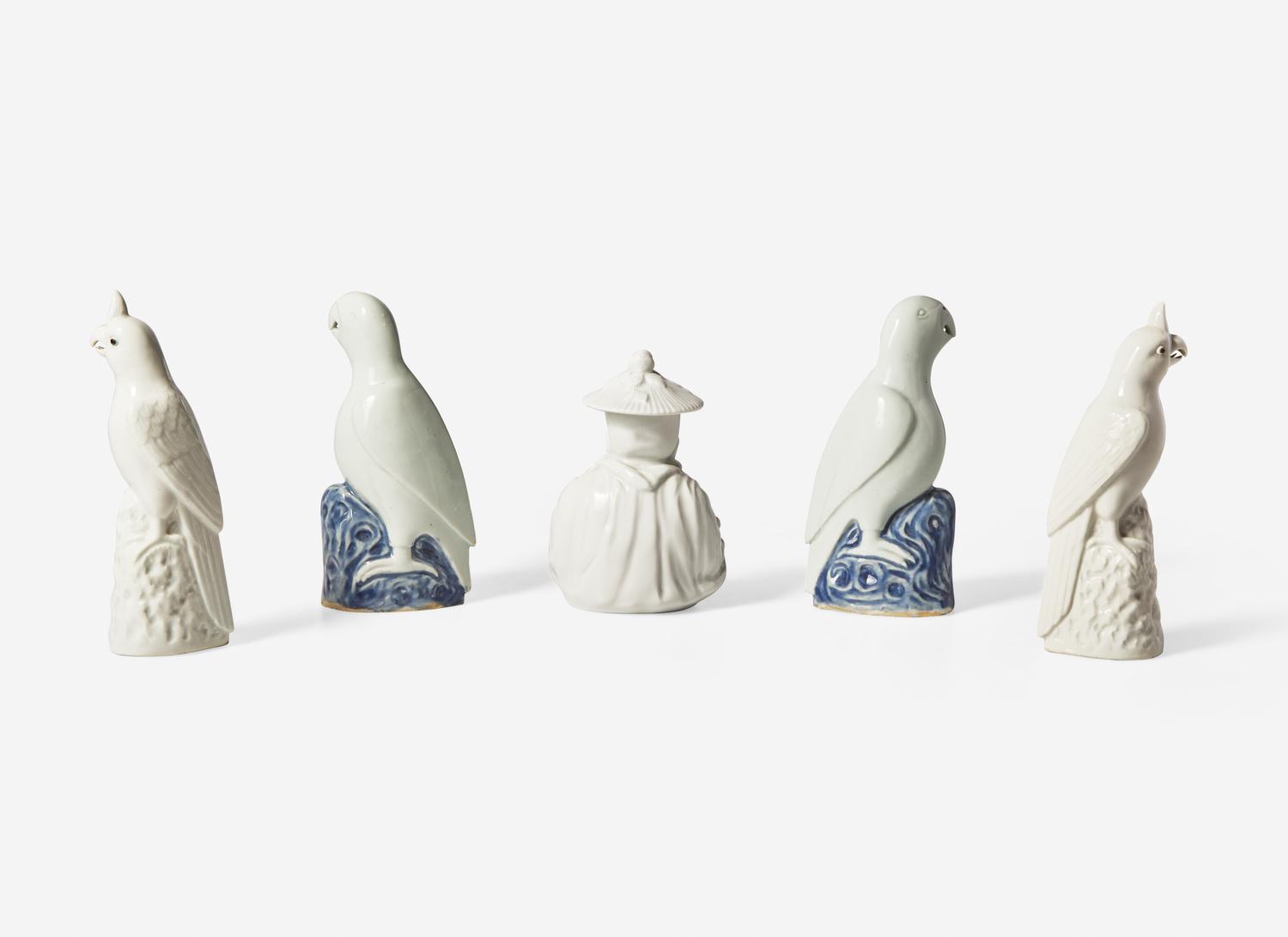 Two Pairs of Chinese Porcelain Figures of Parrots and A Chinese Style White Glazed Porcelain 'Pagoda' Figure