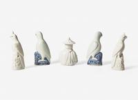 Two Pairs of Chinese Porcelain Figures of Parrots and A Chinese Style White Glazed Porcelain 'Pagoda' Figure