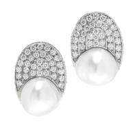 A Pair of White Gold, Cultured Pearl and Diamond Earclips, 22.70 dwts.