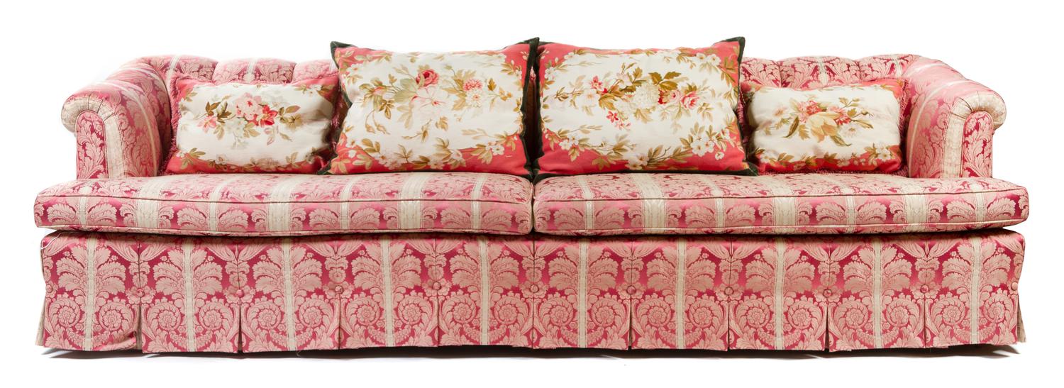 A Damask Upholstered Sofa Height 30 x width 105 x depth 34 inches. — 20TH CENTURY