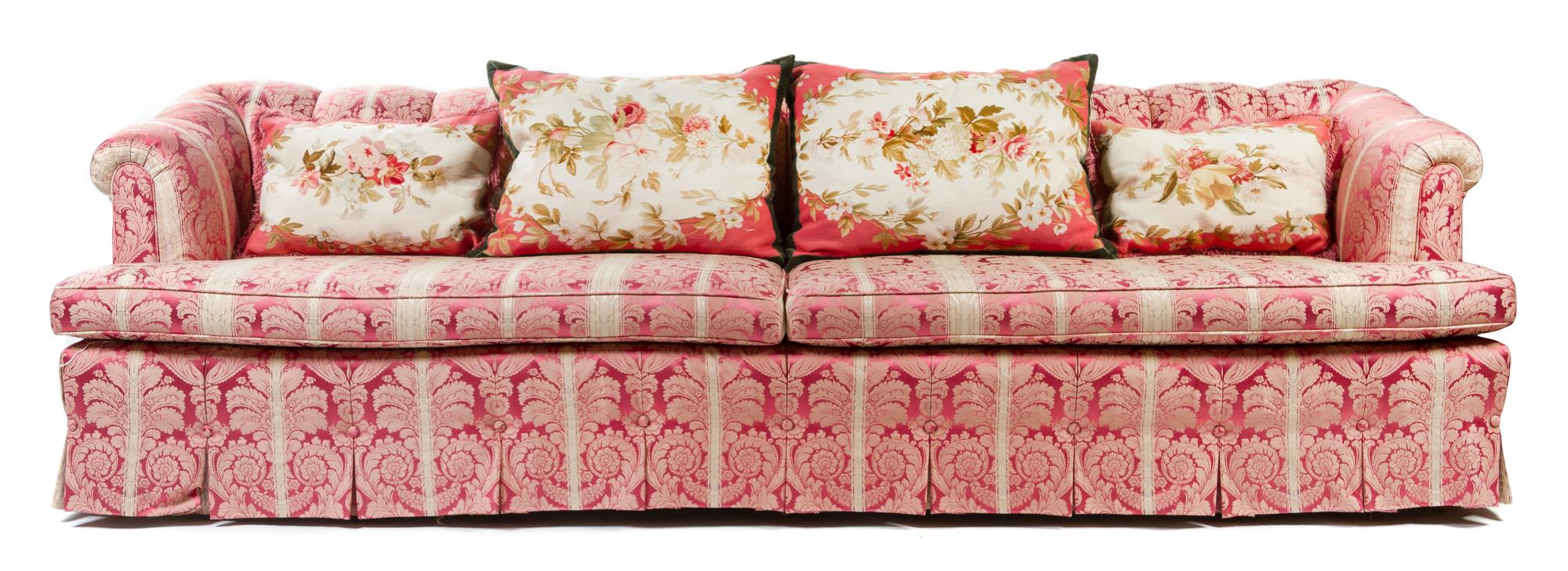 A Damask Upholstered Sofa Height 30 x width 105 x depth 34 inches. — 20TH CENTURY